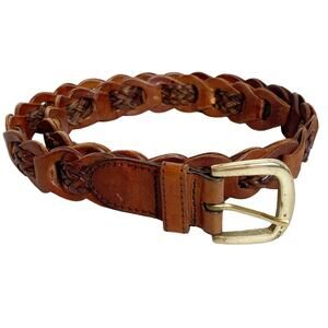 Vintage 70s braided leather belt genuine brass buckle made in India sz Medium